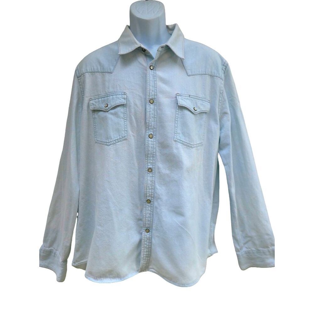 Tecovas Denim Long Sleeve Pearl Snap Shirt Pale Blue Western Peaked Yoke Pockets